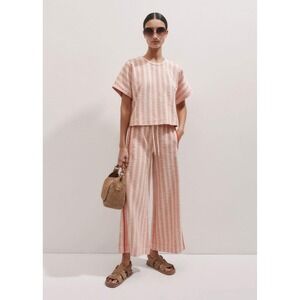 ME+EM Orange Cream Stripe Textured 2 Piece Set Boxy Top Crop Wide Leg Pants US 4
